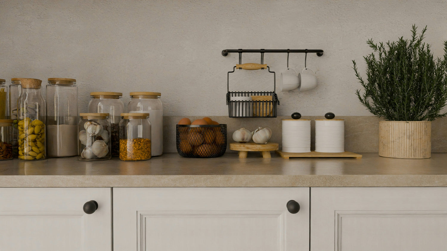 Modern kitchen organizers and storage containers in a clean minimalist kitchen setup